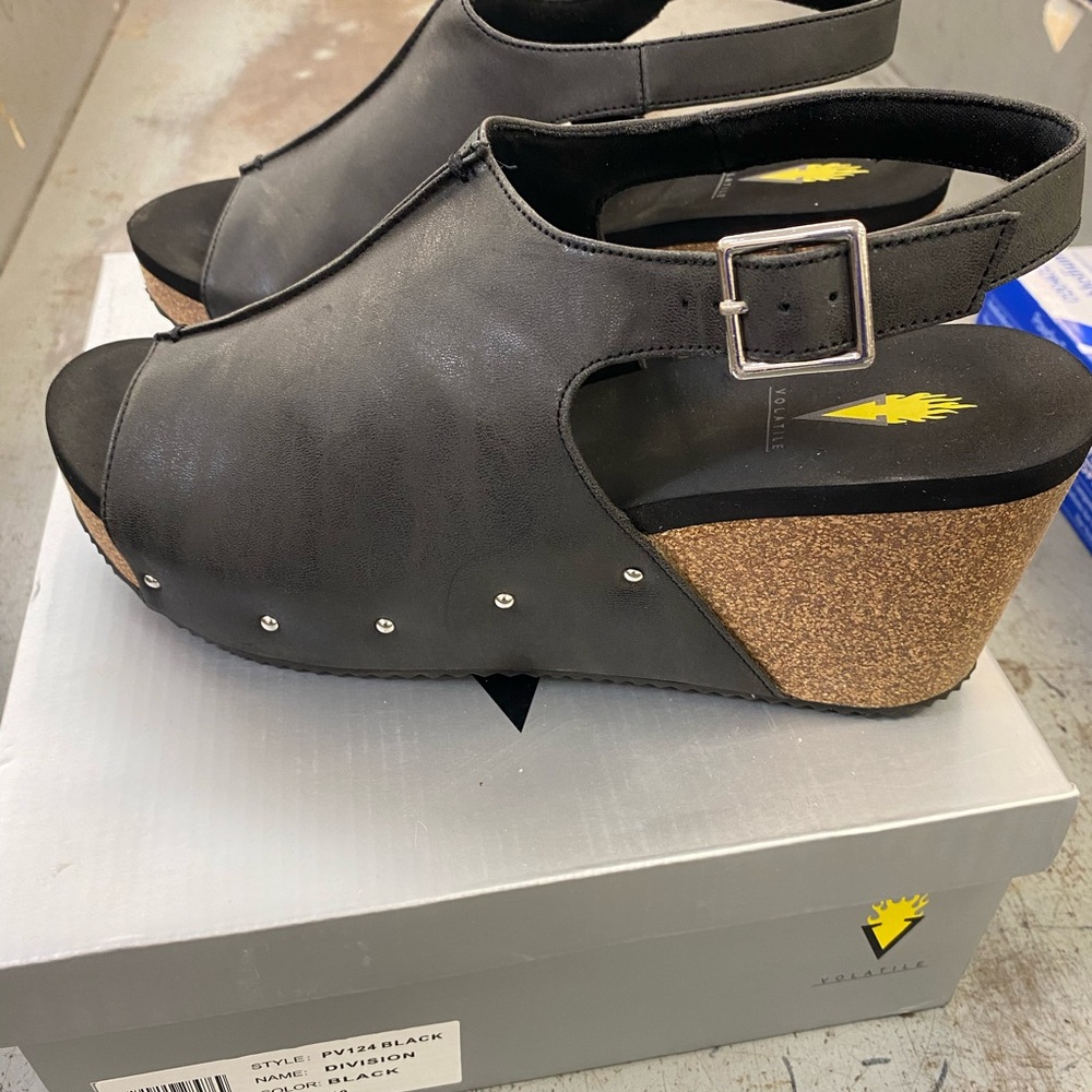 Volatile Black and Brown Wedge Shoes with Cork Heel